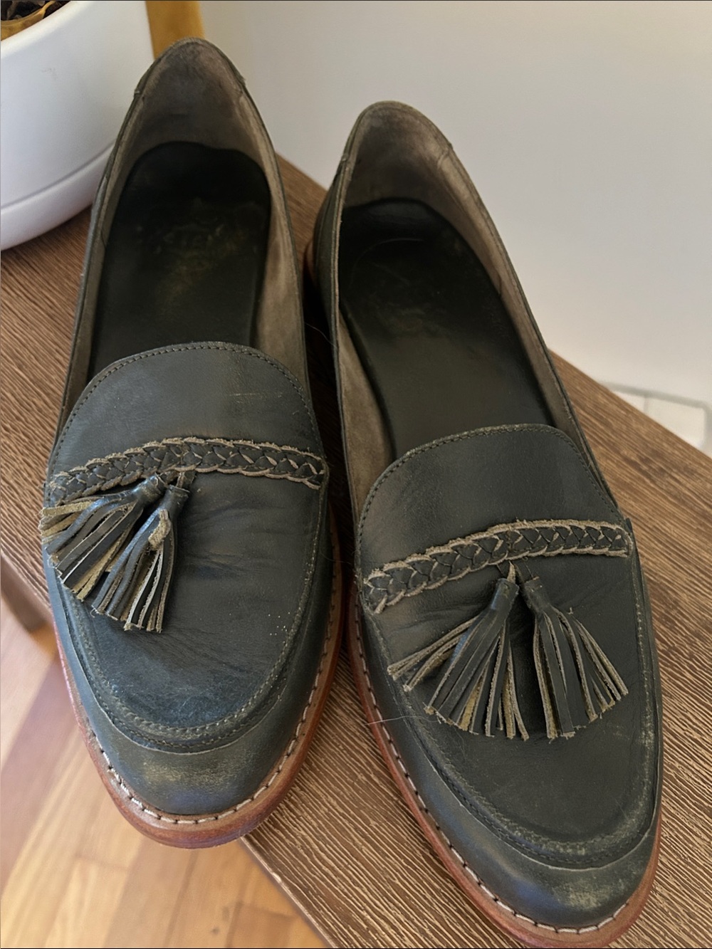 Women’s Olive Green Tassel Loafers with Low Heel